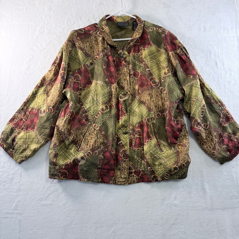 Mureli Silk Jacket Equestrian Chain Print Green Red Full‎ Zip L